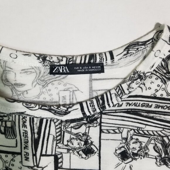 Zara Women Comic Print Top Black/White Small - Picture 2 of 8